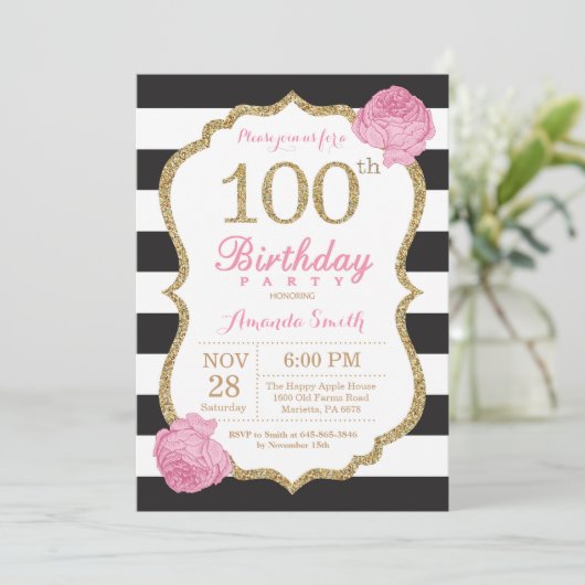 100e verjaardag uitnodiging Roze Zwart Goud Bloeme (Staand voorkant)
