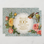 100e verjaardag Uitnodiging Rozen Bloemenvogels Bl (Voorkant / Achterkant)