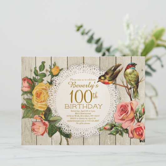 100e Verjaardag Uitnodiging Rustiek Roos Bloemenvo (Staand voorkant)