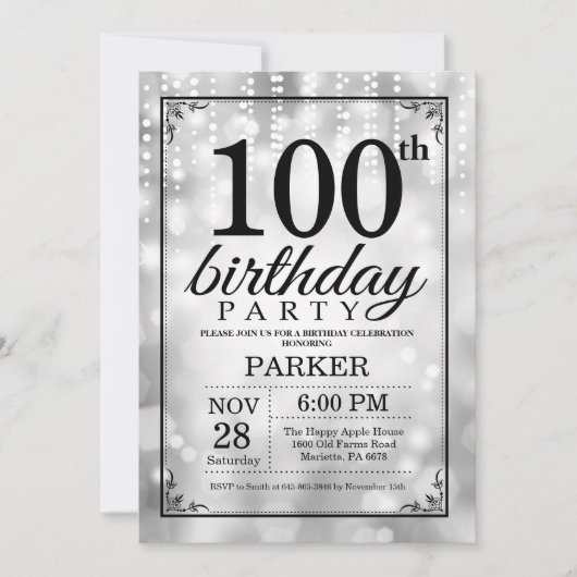 100e verjaardag Uitnodiging Silver Glitter (Voorkant)