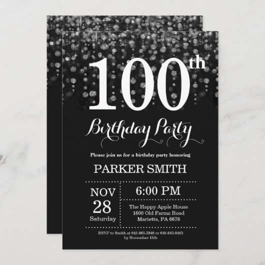 100e verjaardag Uitnodiging Silver Glitter (Voorkant / Achterkant)