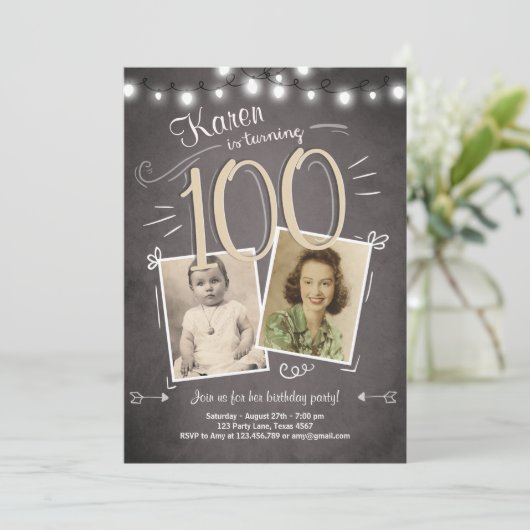 100e verjaardag Uitnodiging Vintage honderdste ver (Staand voorkant)