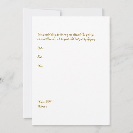 100e verjaardag Uitnodiging voor goud en wit (Achterkant)