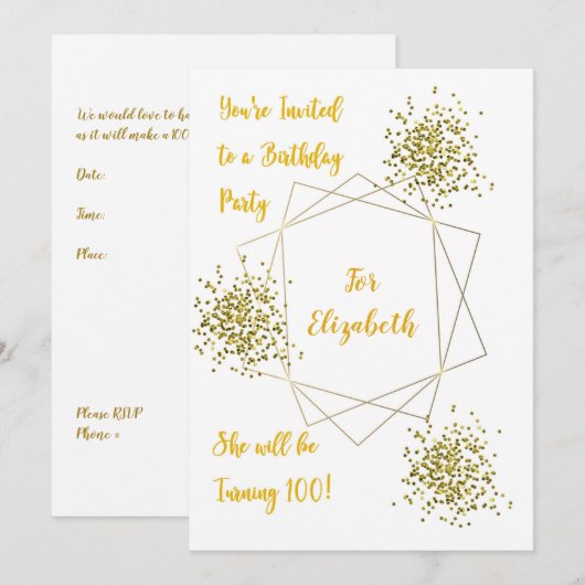 100e verjaardag Uitnodiging voor goud en wit (Voorkant / Achterkant)