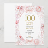 100e verjaardag uitnodiging vrouwen roze bloemen t (Voorkant / Achterkant)