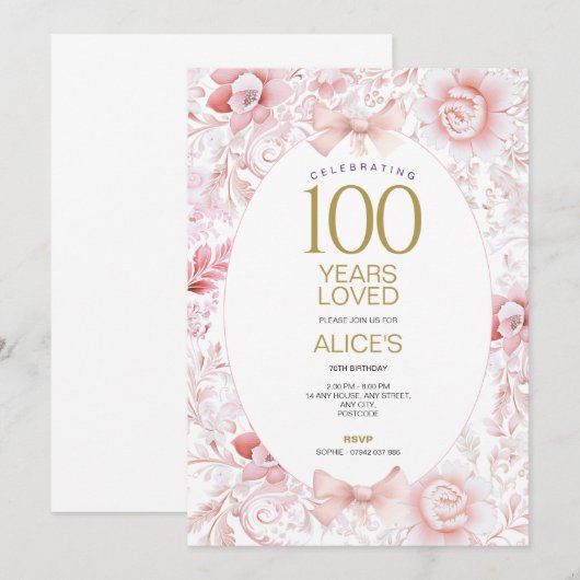 100e verjaardag uitnodiging vrouwen roze bloemen t (Voorkant / Achterkant)