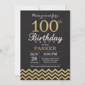 100e verjaardag uitnodiging zwart en goud glitter (Voorkant)