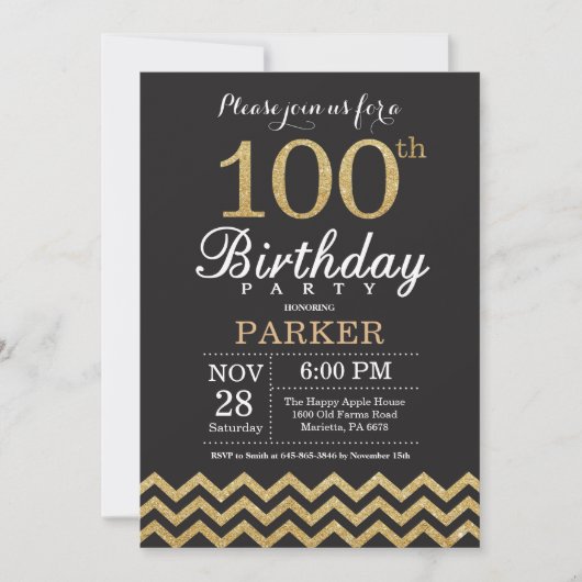 100e verjaardag uitnodiging zwart en goud glitter (Voorkant)