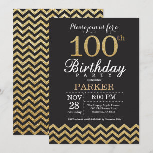 100e verjaardag uitnodiging zwart en goud glitter