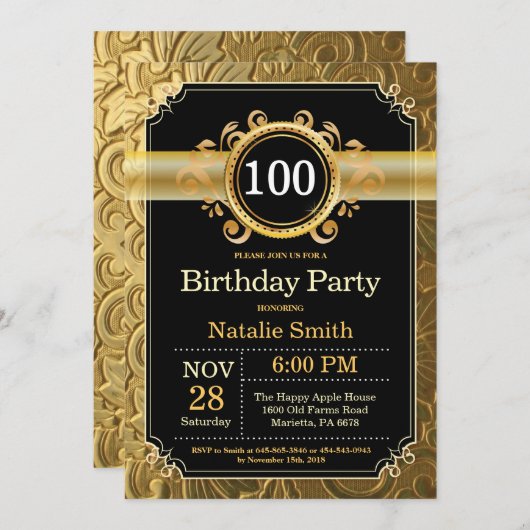 100e verjaardag uitnodiging zwart en goud glitter (Voorkant / Achterkant)