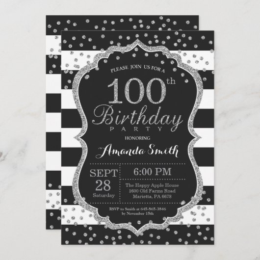 100e verjaardag uitnodiging. Zwart en zilver Kaart (Voorkant / Achterkant)