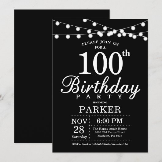 100e verjaardag Uitnodiging zwart-wit (Voorkant / Achterkant)