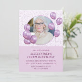 100e verjaardag Uitnodigingen Ballonnen Foto Paars (Staand voorkant)