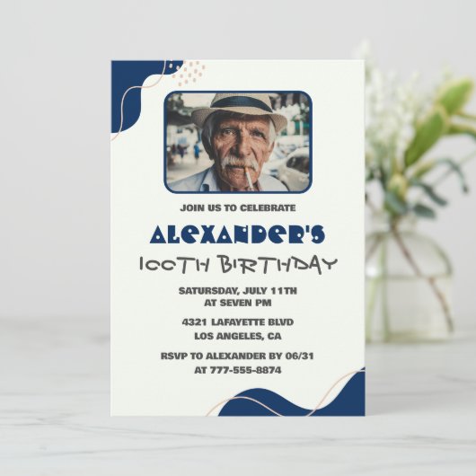 100e verjaardag uitnodigingen Mannen Navy Eenvoudi (Staand voorkant)
