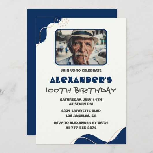 100e verjaardag uitnodigingen Mannen Navy Eenvoudi (Voorkant / Achterkant)