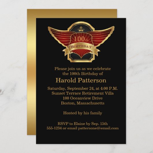 100e verjaardag van Black and Gold Party Kaart (Voorkant / Achterkant)