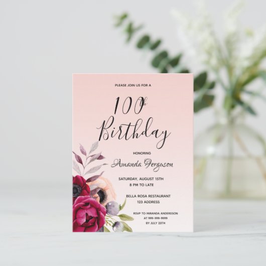 100e verjaardag van de bogundy roos gouduitnodigin briefkaart (Staand voorkant)