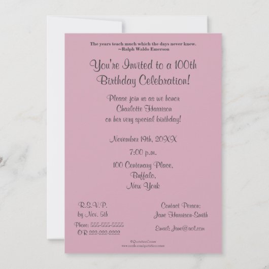 100e verjaardag van de roze rozen kaart (Achterkant)