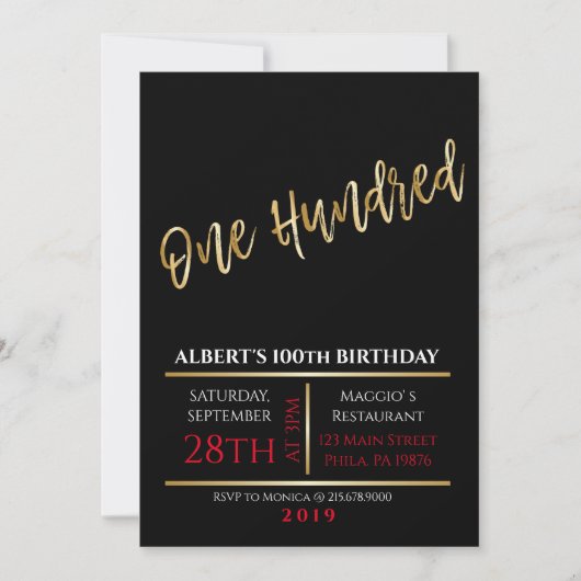 100e verjaardag van de uitnodiging van Gold Black  (Voorkant)
