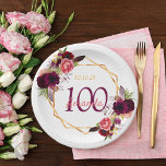 100e verjaardag van geo floral burgundy papieren bordje<br><div class="desc">Een bord voor een 100e verjaardagsfeestje. Een witte hoofdachtergrond met een vals goud geometrisch lijst. Gedemoreerd met donkere paarse en bruine bloemen, rozen en boho-veren. Sjablonen voor een naam, leeftijd 100 en een datum. Geboortedatum of -datum van de partij. De naam wordt geschreven met een handgeschreven stijlmanuscript, roze gekleurde brieven,...</div>