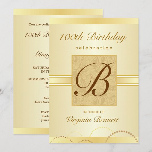 100e verjaardag van het Gold Damask Monogram Kaart (Voorkant / Achterkant)