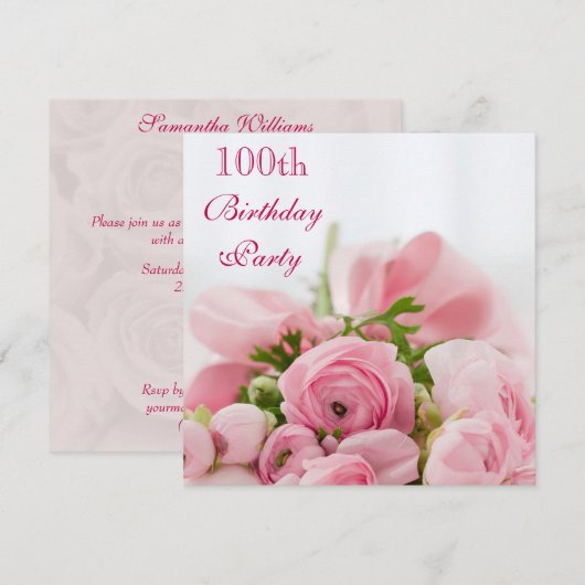 100e verjaardag van roze rozen kaart (Voorkant / Achterkant)