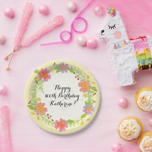 100e verjaardag Waterverf Moderne Floral Papieren Bordje (Feest)