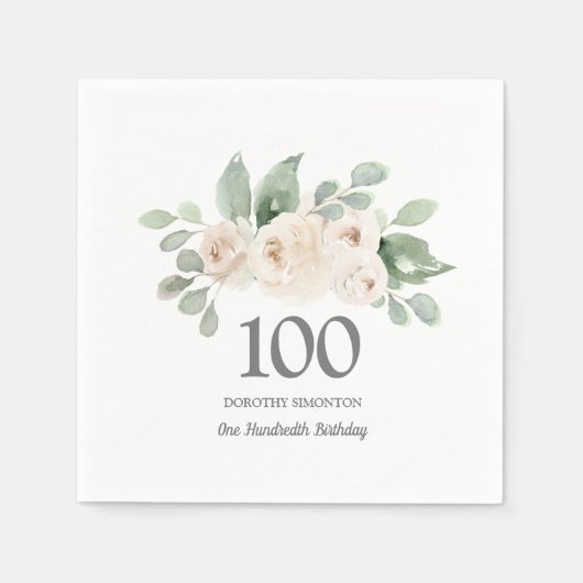 100e verjaardag White Rose Eucalyptus Napkins Servet (Voorkant)