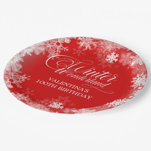 100e verjaardag Winter Wonderland Sneeuwvlok Rood Papieren Bordje (Gekanteld)