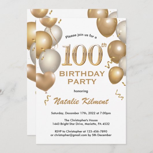 100e verjaardag Witte en goudballonnen Kaart (Voorkant / Achterkant)