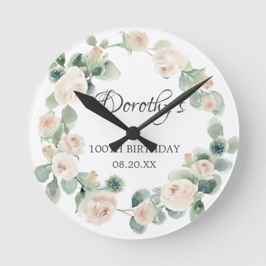 100e verjaardag Witte Rose Floral Eucalyptus Wreat Ronde Klok (Voorkant)