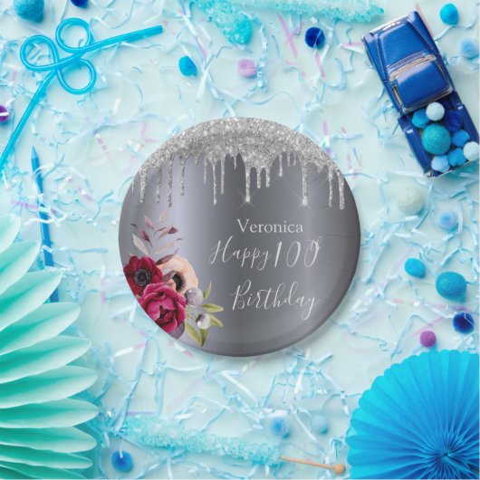 100e verjaardag zilveren florale burgundy name papieren bordje (Feest)