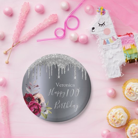 100e verjaardag zilveren florale burgundy name papieren bordje (Feest)