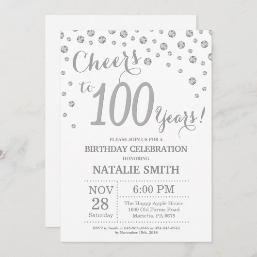 100e verjaardag Zilveren Glitter Diamond uitnodigi Kaart (Voorkant / Achterkant)