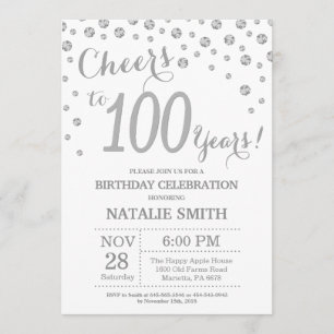 100e verjaardag Zilveren Glitter Diamond uitnodigi Kaart
