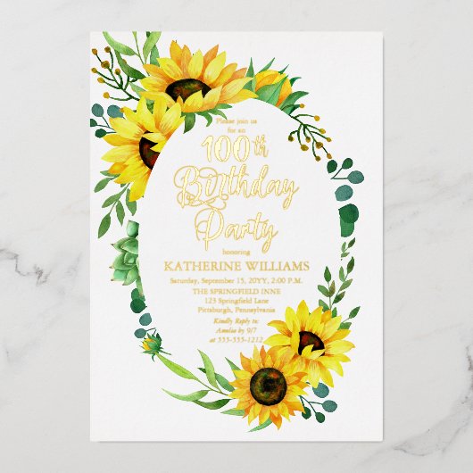 100e verjaardag Zonnebloem | Eucalyptus Floral Folie Uitnodiging (Voorkant)