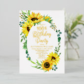 100e verjaardag Zonnebloem | Eucalyptus Floral Folie Uitnodiging (Staand Voorkant)