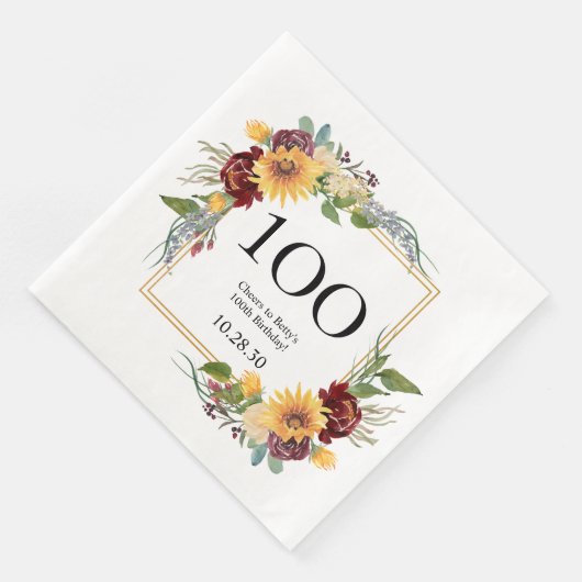 100e verjaardag Zonnebloemen Servet (Hoek)