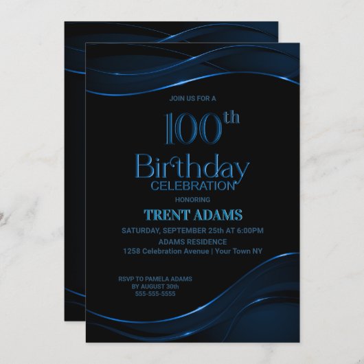 100e verjaardag Zwart Blauw Feest Kaart (Voorkant / Achterkant)