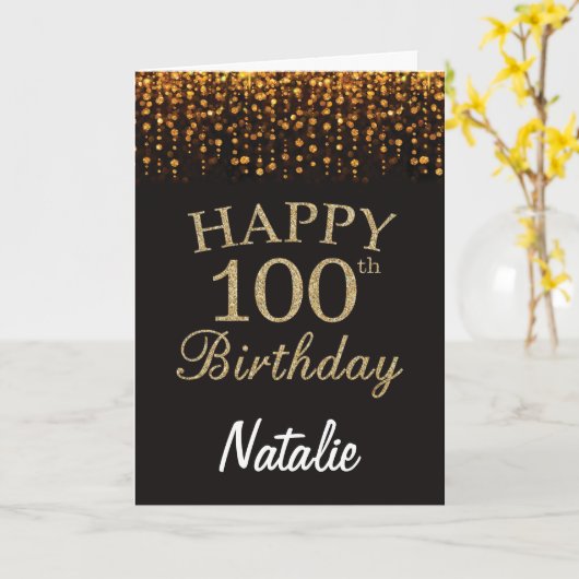 100e Verjaardag Zwart en Goud Glitter Kaart (Gele Bloem)