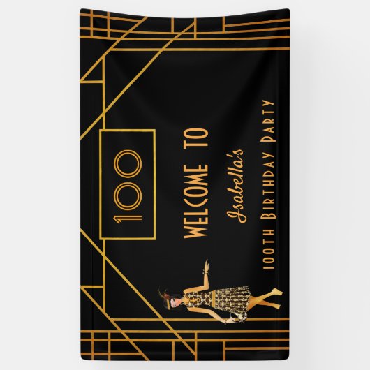 100e verjaardag zwart goud kunstdeco uit 1920 spandoek (Verticaal)