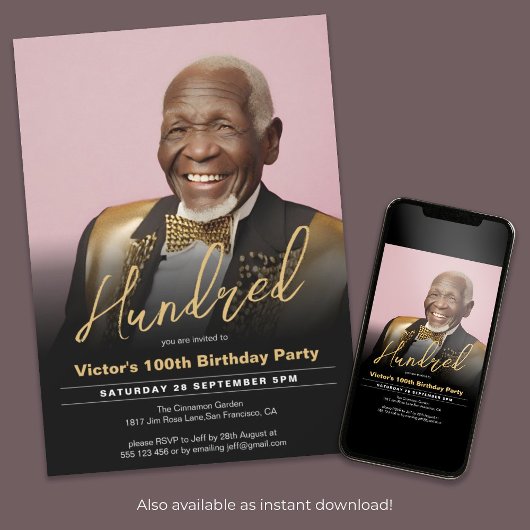 100e verjaardag zwart goud minimale moderne foto kaart