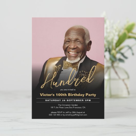 100e verjaardag zwart goud minimale moderne foto kaart (Staand voorkant)