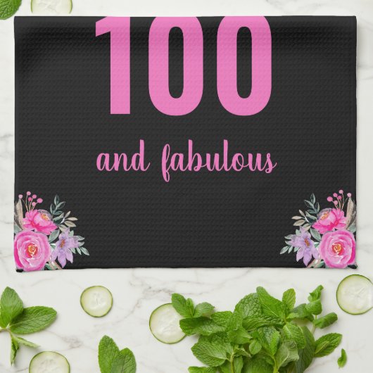 100e verjaardag Zwart Roze Bloemen Uniek Theedoek (Gevouwen)