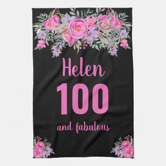 100e verjaardag Zwart Roze Bloemen Uniek Theedoek (Verticaal)