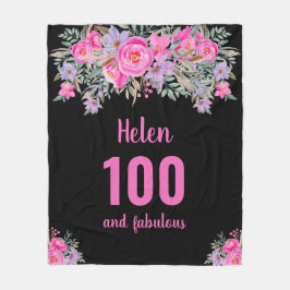 100e verjaardag zwart roze bloemenfleece deken