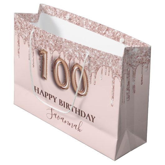100e verjaardag zwart roze glitter druppelt roos g groot cadeauzakje (Voorkant Gekanteld)