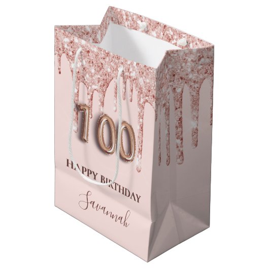 100e verjaardag zwart roze glitter druppelt roos g medium cadeauzakje (Voorkant Gekanteld)