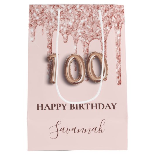 100e verjaardag zwart roze glitter druppelt roos g medium cadeauzakje (Achterkant)