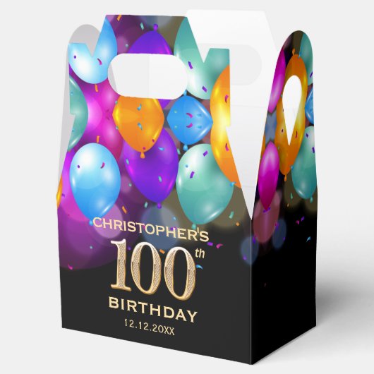 100e verjaardag Zwarte en Gold-ballonnen Bedankdoosjes (Geopend)
